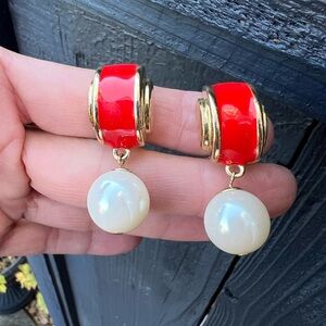 Vintage Big Red Enamel Gold Tone Drop Earrings w/ Giant South Seas Pearl (faux)